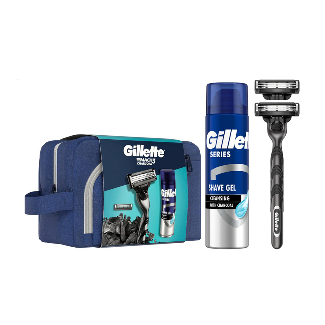 Подарунковий набір чоловічий Gillette Mach3 Charcoal (станок + змінні картриджі, 2 шт + гель для гоління, 200 мл + косметичка)